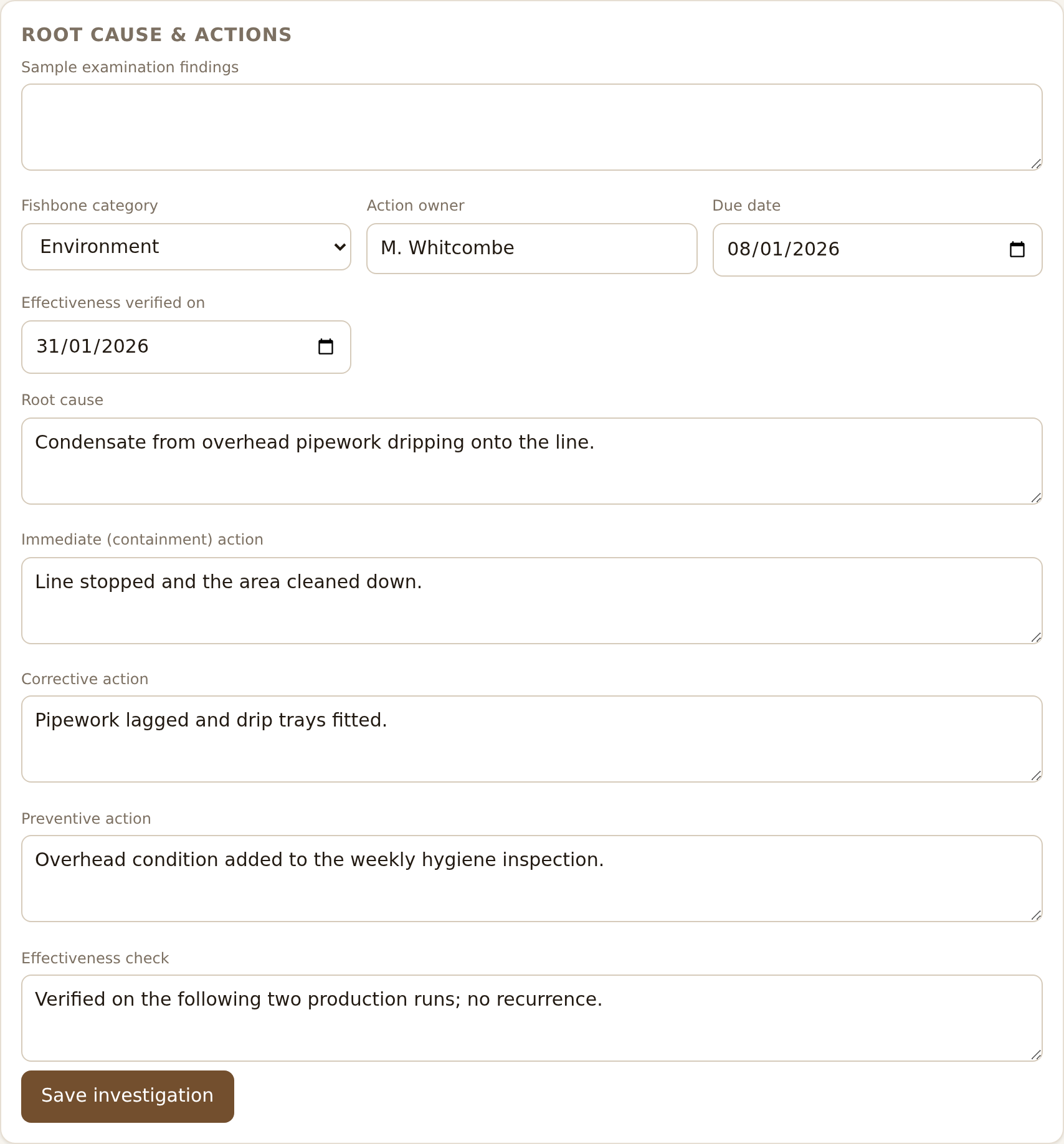 The investigation tab of one complaint showing root cause category, action owner, due date, root cause, containment, corrective and preventive action and the effectiveness check.